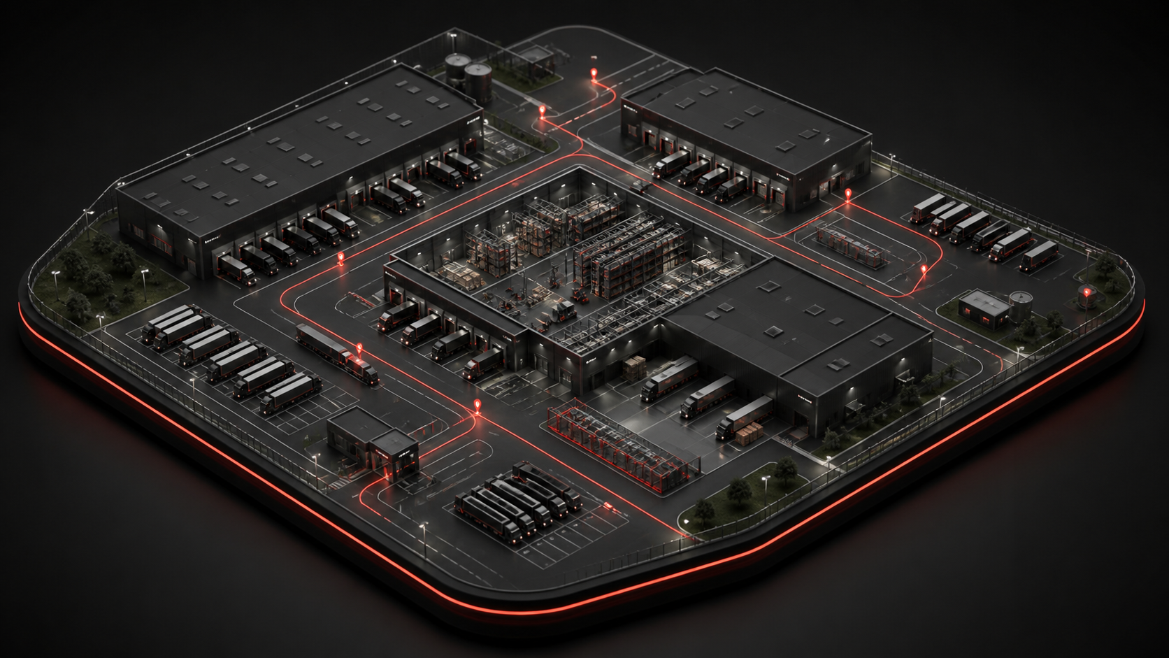 Digital aufgebautes Standortlayout mit Hallen, Bereichen, Toren und Parkplätzen